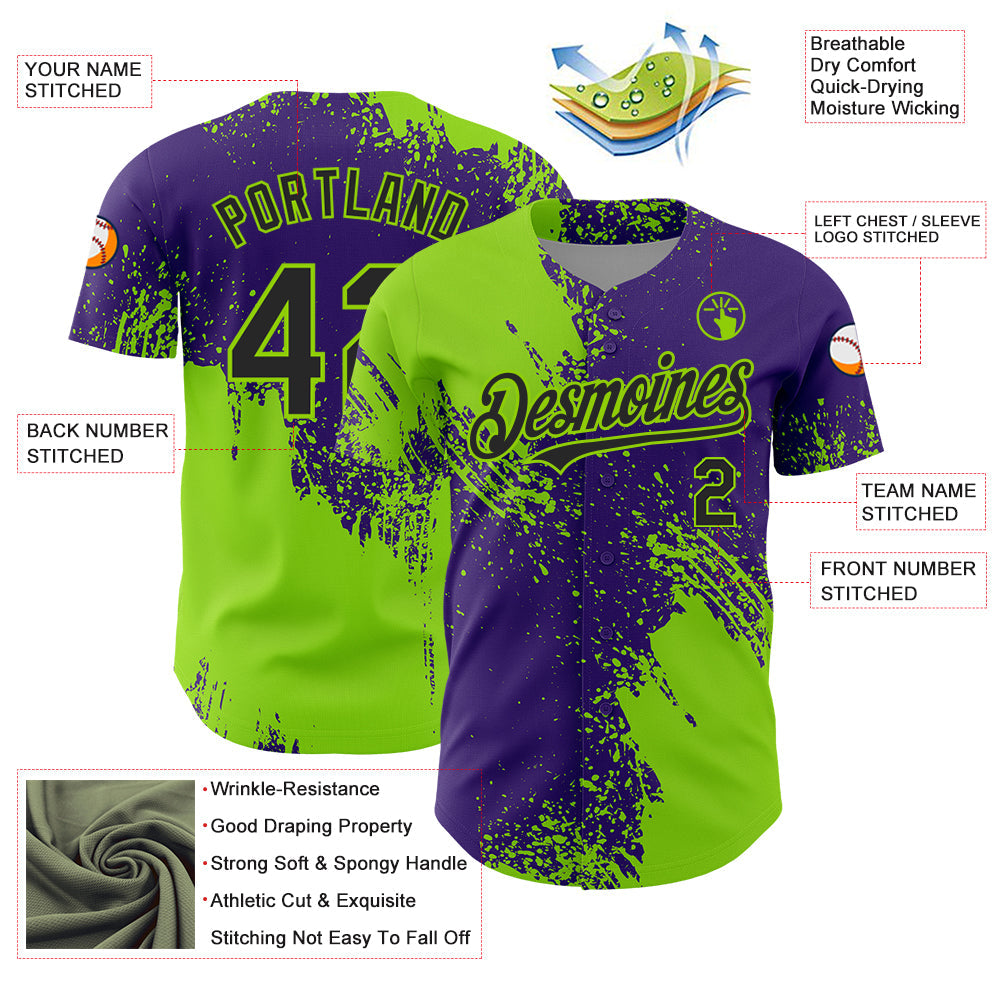 Custom Neon Green Black-Purple 3D Pattern Design Abstract Brush Stroke Authentic Baseball Jersey - Sky-Custom