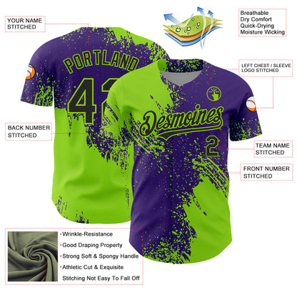 Custom Neon Green Black-Purple 3D Pattern Design Abstract Brush Stroke Authentic Baseball Jersey - Sky-Custom