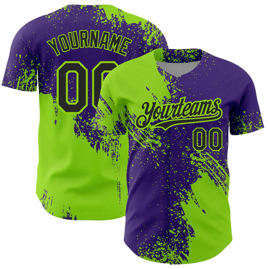 Custom Neon Green Black-Purple 3D Pattern Design Abstract Brush Stroke Authentic Baseball Jersey - Sky-Custom