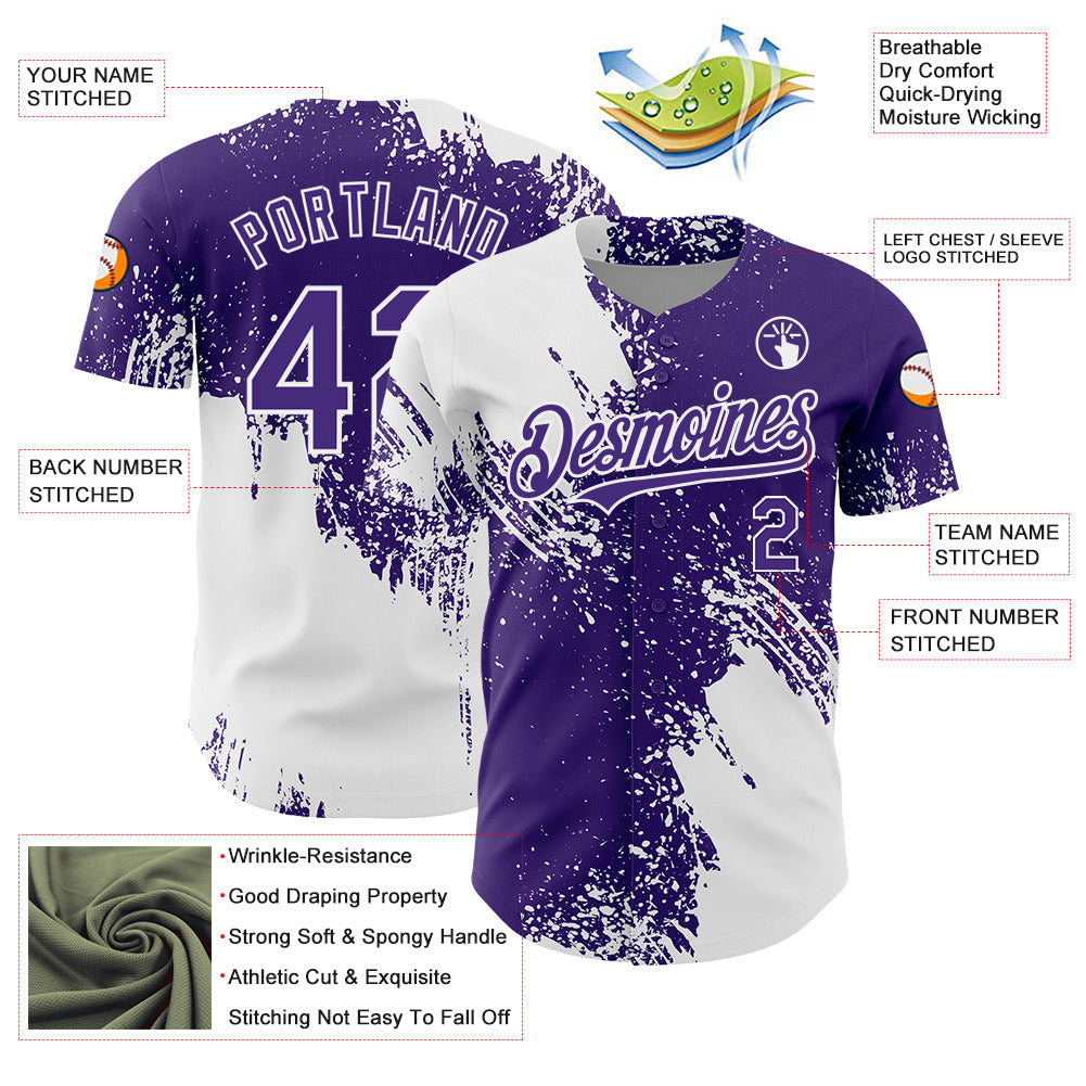 Custom White Purple 3D Pattern Design Abstract Brush Stroke Authentic Baseball Jersey - Sky-Custom
