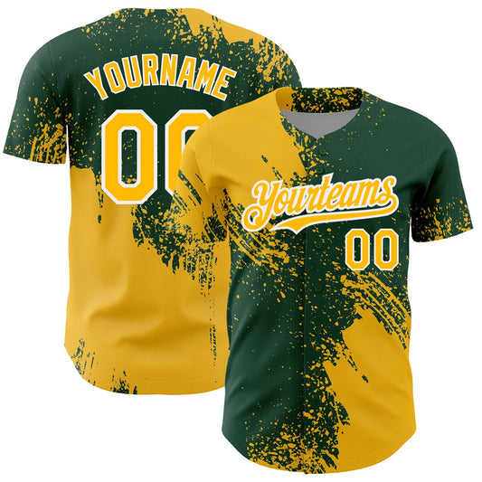 Custom Gold Green-White 3D Pattern Design Abstract Brush Stroke Authentic Baseball Jersey - Sky-Custom