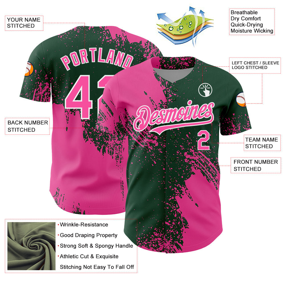 Custom Pink Green-White 3D Pattern Design Abstract Brush Stroke Authentic Baseball Jersey - Sky-Custom