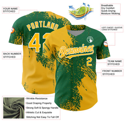 Custom Gold Kelly Green-White 3D Pattern Design Abstract Brush Stroke Authentic Baseball Jersey - Sky-Custom
