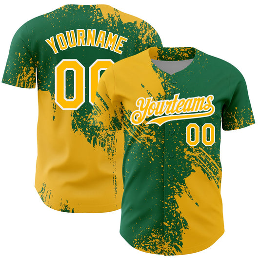 Custom Gold Kelly Green-White 3D Pattern Design Abstract Brush Stroke Authentic Baseball Jersey - Sky-Custom