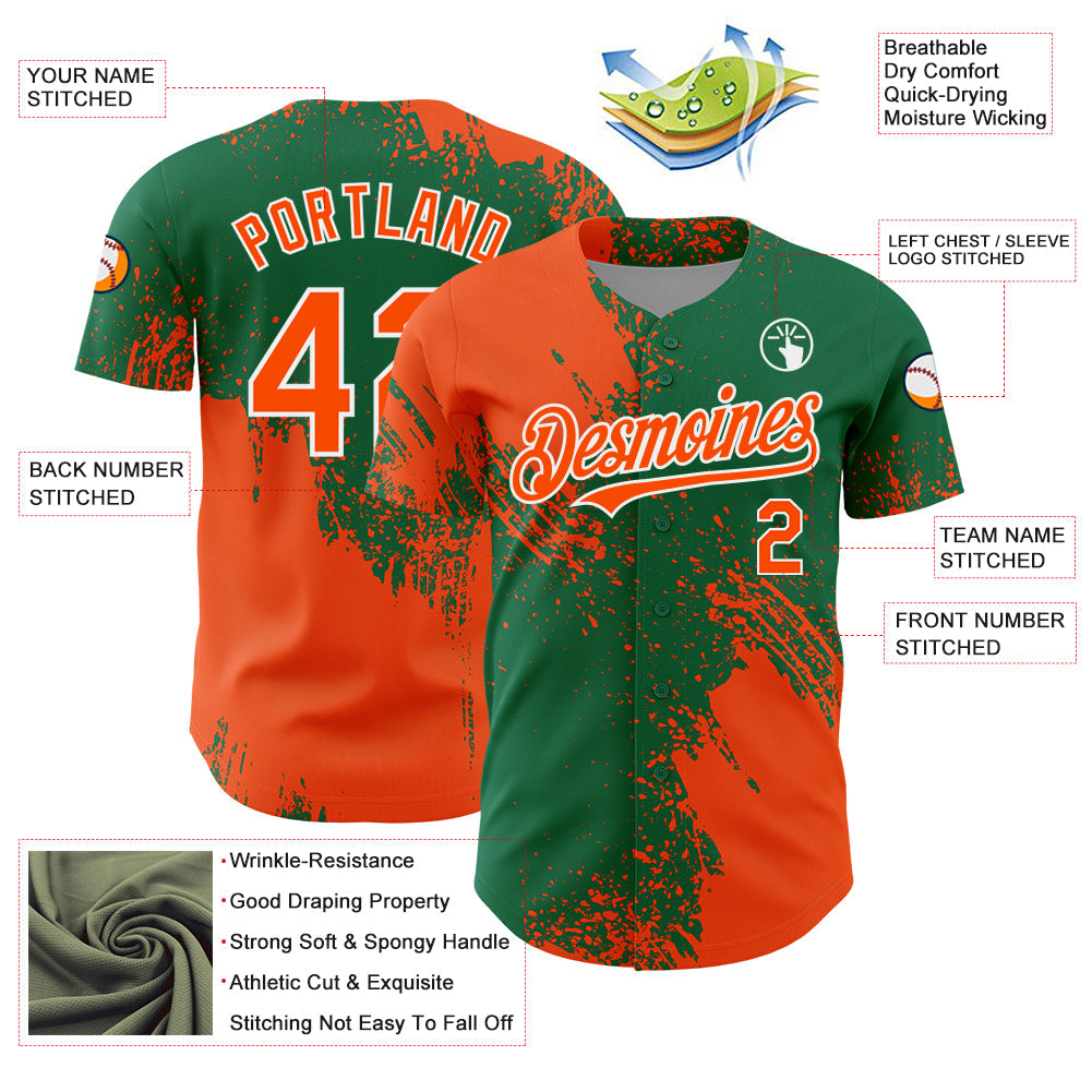 Custom Orange Kelly Green-White 3D Pattern Design Abstract Brush Stroke Authentic Baseball Jersey - Sky-Custom