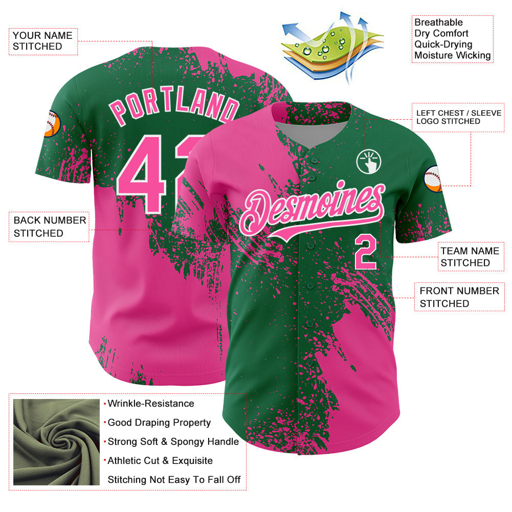 Custom Pink Kelly Green-White 3D Pattern Design Abstract Brush Stroke Authentic Baseball Jersey - Sky-Custom