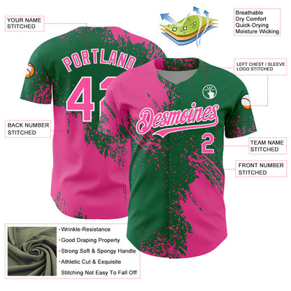 Custom Pink Kelly Green-White 3D Pattern Design Abstract Brush Stroke Authentic Baseball Jersey - Sky-Custom