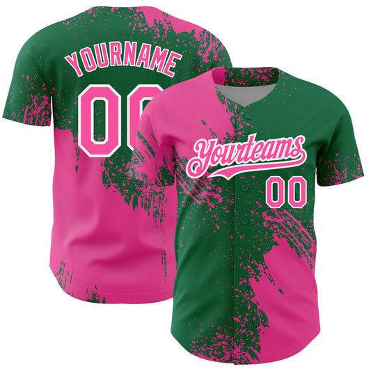 Custom Pink Kelly Green-White 3D Pattern Design Abstract Brush Stroke Authentic Baseball Jersey - Sky-Custom