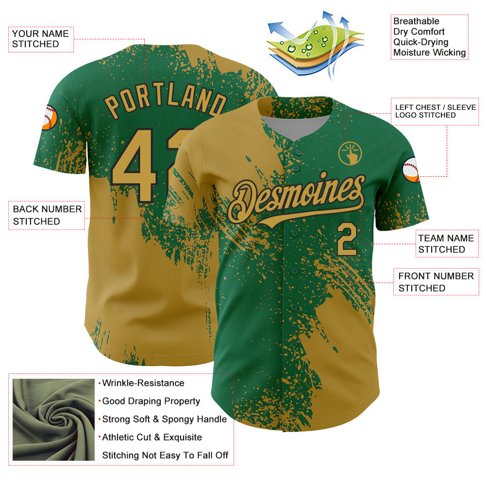 Custom Old Gold Kelly Green-Black 3D Pattern Design Abstract Brush Stroke Authentic Baseball Jersey - Sky-Custom