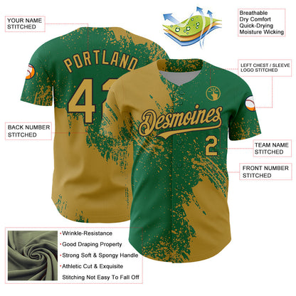 Custom Old Gold Kelly Green-Black 3D Pattern Design Abstract Brush Stroke Authentic Baseball Jersey - Sky-Custom