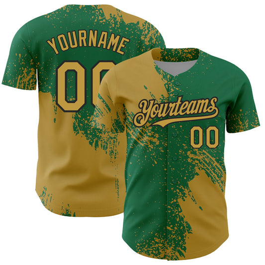 Custom Old Gold Kelly Green-Black 3D Pattern Design Abstract Brush Stroke Authentic Baseball Jersey - Sky-Custom