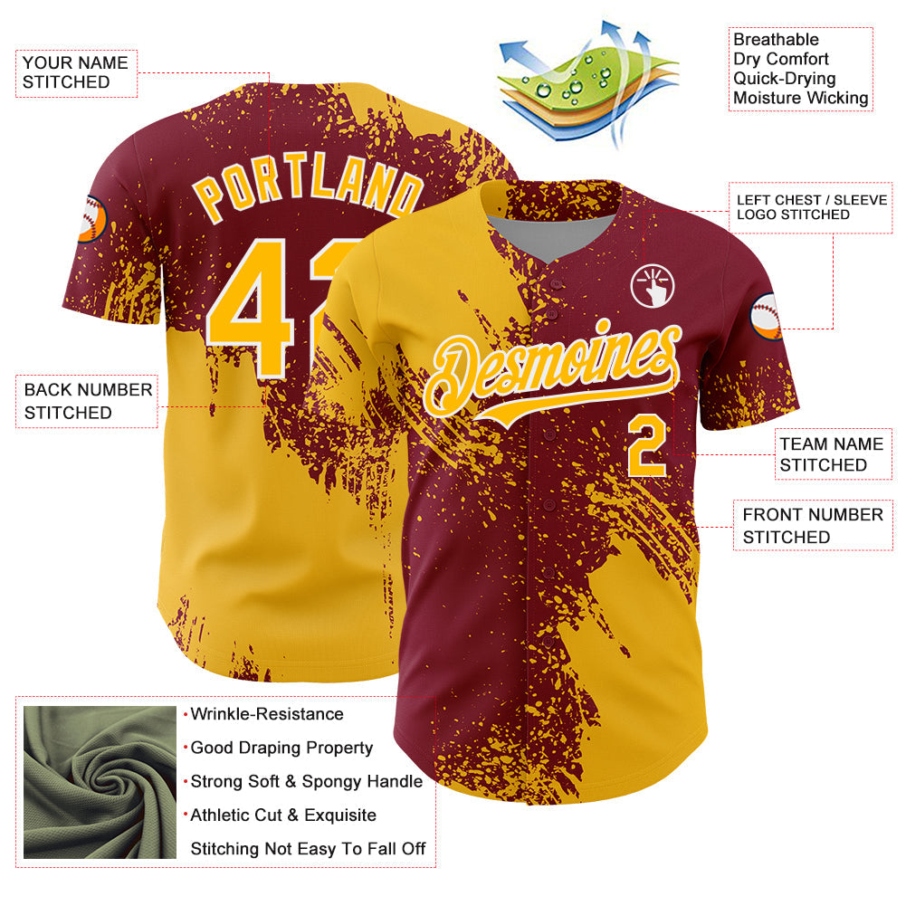 Custom Gold Crimson-White 3D Pattern Design Abstract Brush Stroke Authentic Baseball Jersey - Sky-Custom
