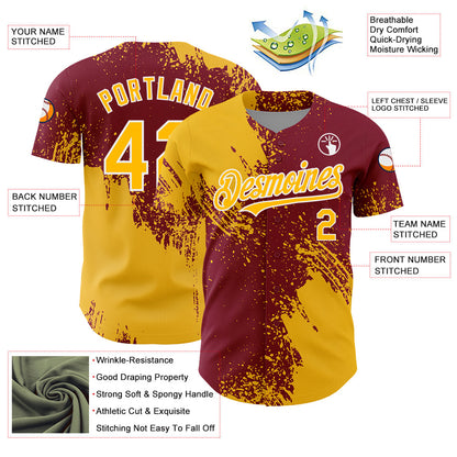 Custom Gold Crimson-White 3D Pattern Design Abstract Brush Stroke Authentic Baseball Jersey - Sky-Custom