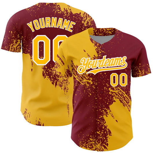 Custom Gold Crimson-White 3D Pattern Design Abstract Brush Stroke Authentic Baseball Jersey - Sky-Custom