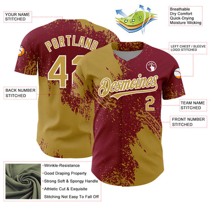 Custom Old Gold Crimson-White 3D Pattern Design Abstract Brush Stroke Authentic Baseball Jersey - Sky-Custom