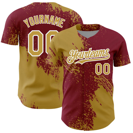 Custom Old Gold Crimson-White 3D Pattern Design Abstract Brush Stroke Authentic Baseball Jersey - Sky-Custom