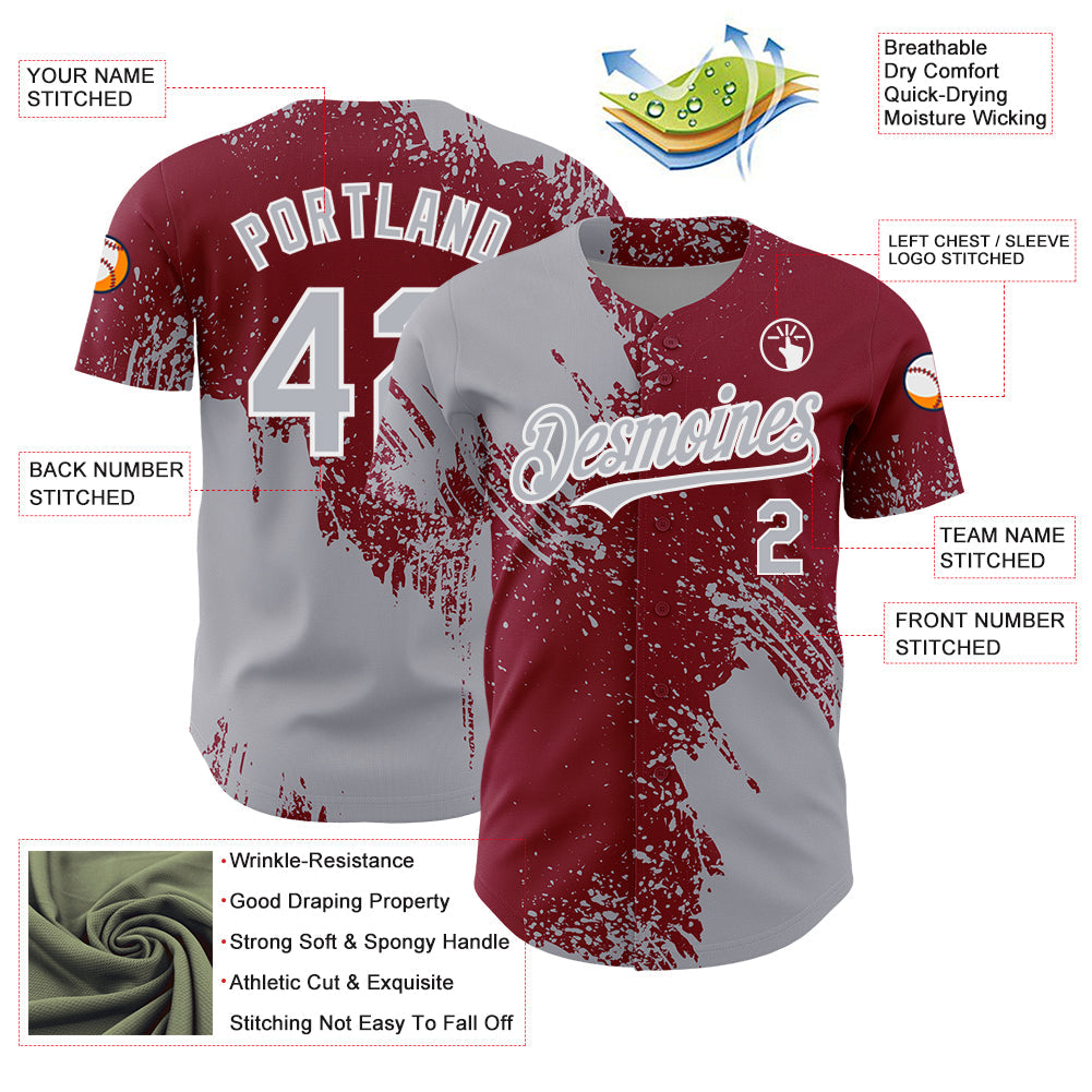 Custom Gray Crimson-White 3D Pattern Design Abstract Brush Stroke Authentic Baseball Jersey - Sky-Custom