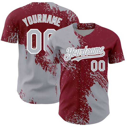 Custom Gray Crimson-White 3D Pattern Design Abstract Brush Stroke Authentic Baseball Jersey - Sky-Custom
