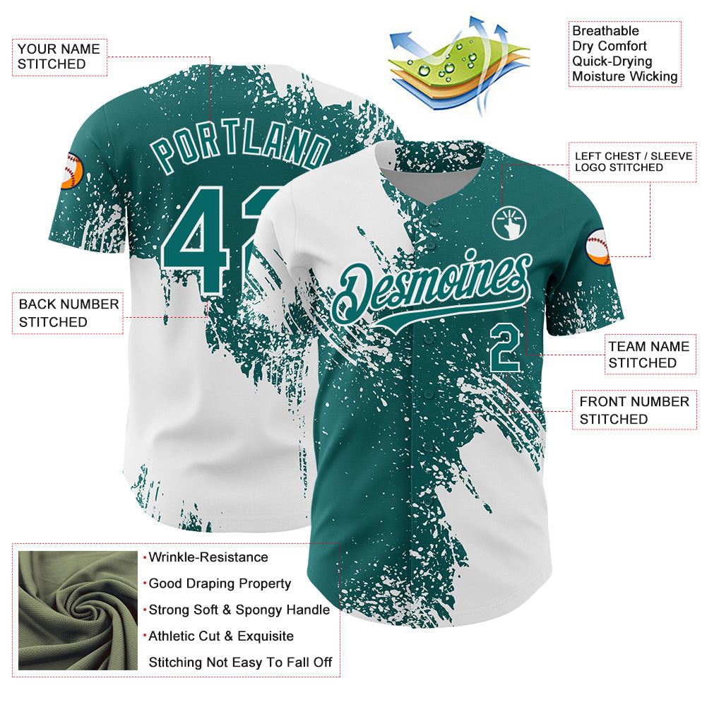 Custom White Teal 3D Pattern Design Abstract Brush Stroke Authentic Baseball Jersey - Sky-Custom