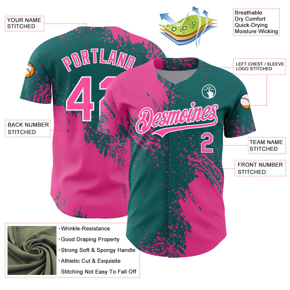 Custom Pink Teal-White 3D Pattern Design Abstract Brush Stroke Authentic Baseball Jersey - Sky-Custom