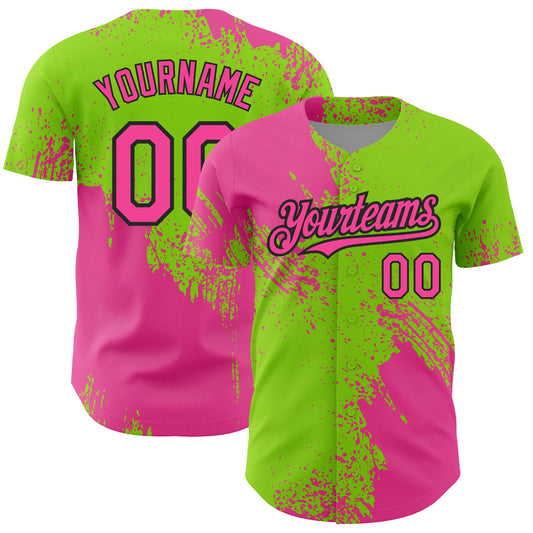 Custom Pink Neon Green-Black 3D Pattern Design Abstract Brush Stroke Authentic Baseball Jersey - Sky-Custom