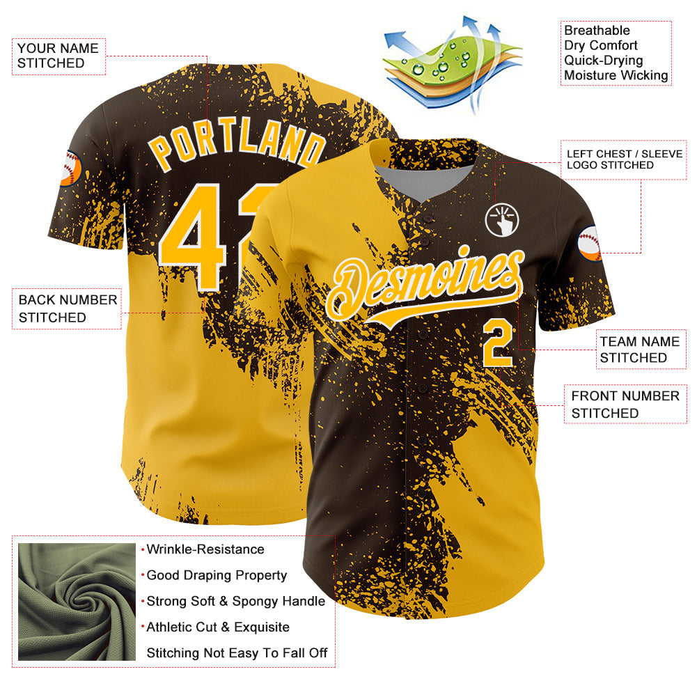 Custom Gold Brown-White 3D Pattern Design Abstract Brush Stroke Authentic Baseball Jersey - Sky-Custom