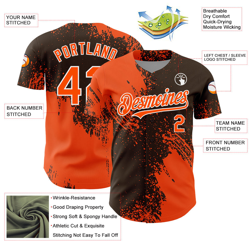 Custom Orange Brown-White 3D Pattern Design Abstract Brush Stroke Authentic Baseball Jersey - Sky-Custom