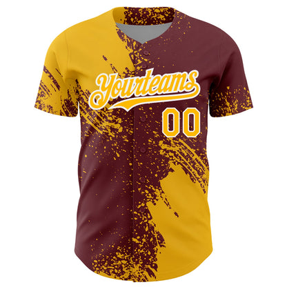 Custom Gold Burgundy-White 3D Pattern Design Abstract Brush Stroke Authentic Baseball Jersey - Sky-Custom