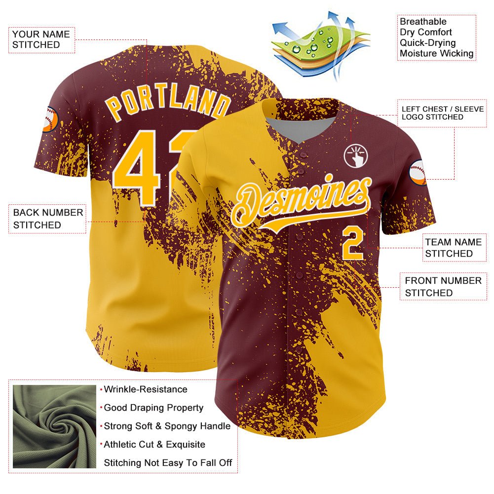 Custom Gold Burgundy-White 3D Pattern Design Abstract Brush Stroke Authentic Baseball Jersey - Sky-Custom