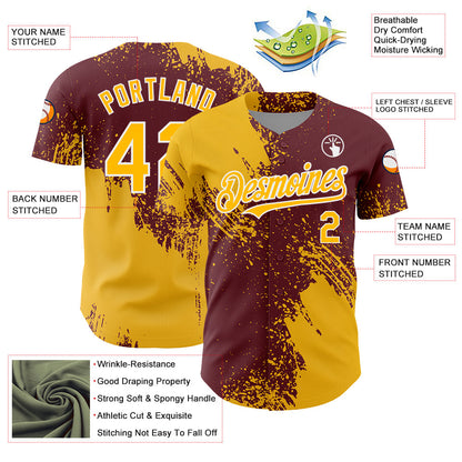 Custom Gold Burgundy-White 3D Pattern Design Abstract Brush Stroke Authentic Baseball Jersey - Sky-Custom