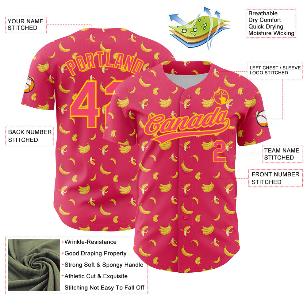 Custom Neon Pink Yellow 3D Pattern Design Fruit Banana Authentic Baseball Jersey - Sky-Custom