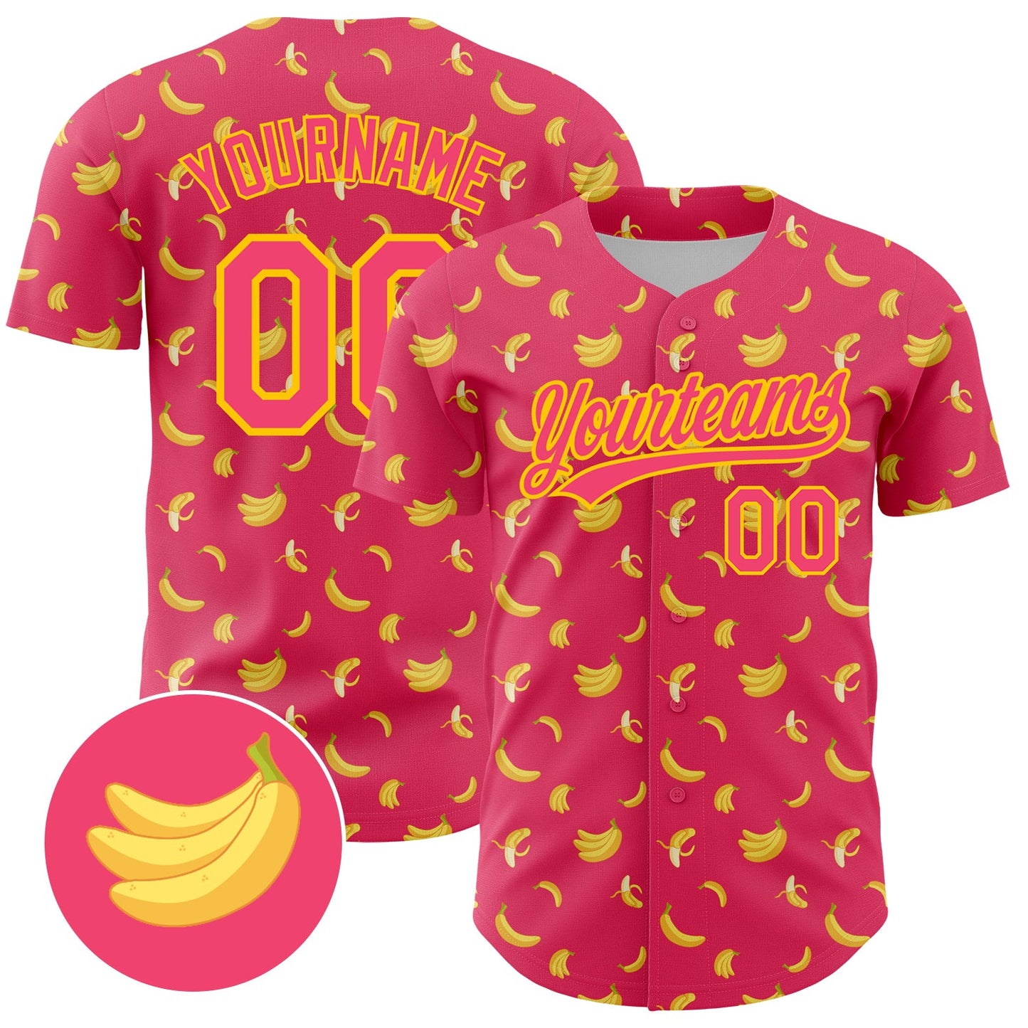 Custom Neon Pink Yellow 3D Pattern Design Fruit Banana Authentic Baseball Jersey - Sky-Custom