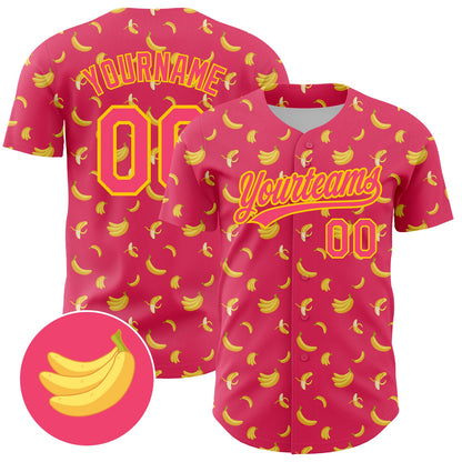 Custom Neon Pink Yellow 3D Pattern Design Fruit Banana Authentic Baseball Jersey - Sky-Custom