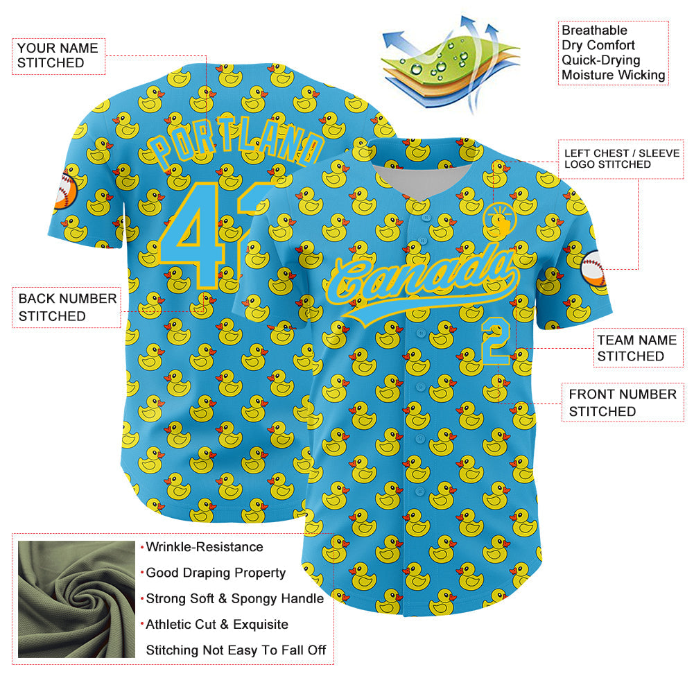 Custom Sky Blue Yellow 3D Pattern Design Animal Duck Authentic Baseball Jersey - Sky-Custom