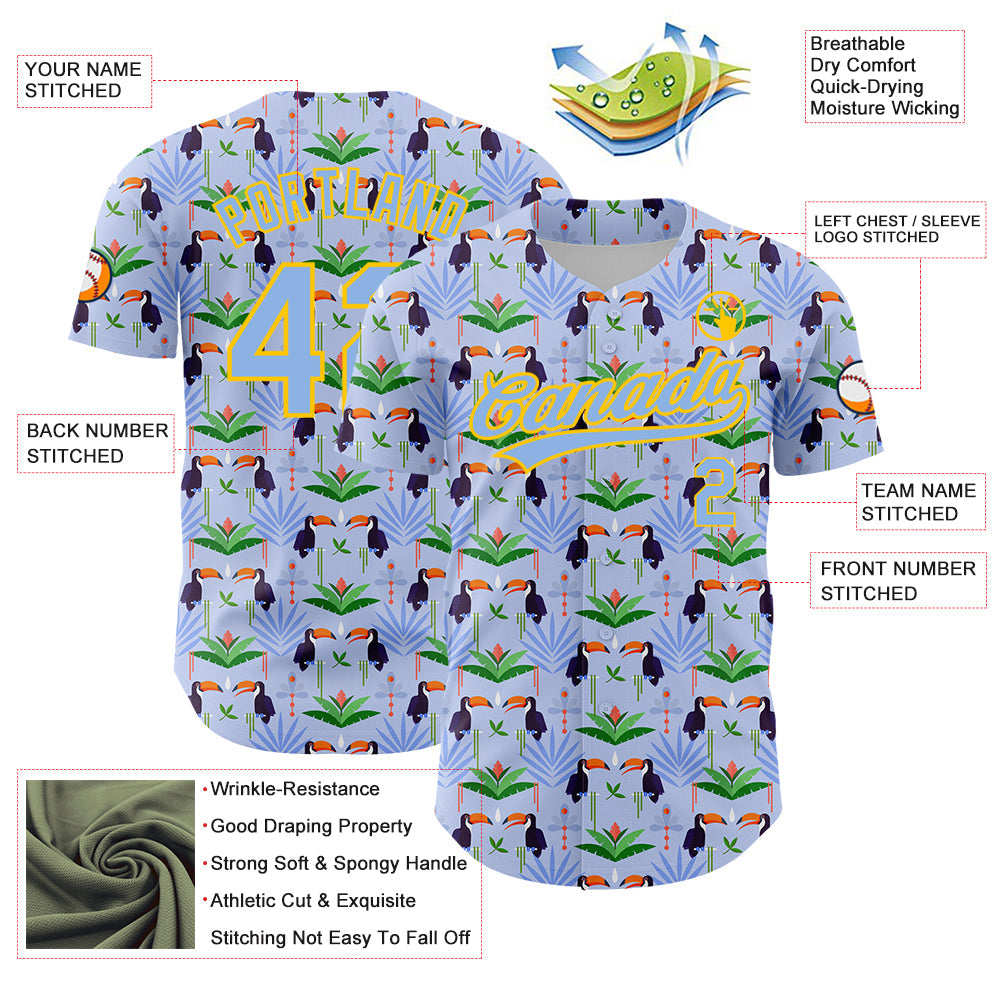 Custom Light Blue Yellow 3D Pattern Design Animal Toucan And Tropical Hawaii Palm Leaves Authentic Baseball Jersey - Sky-Custom