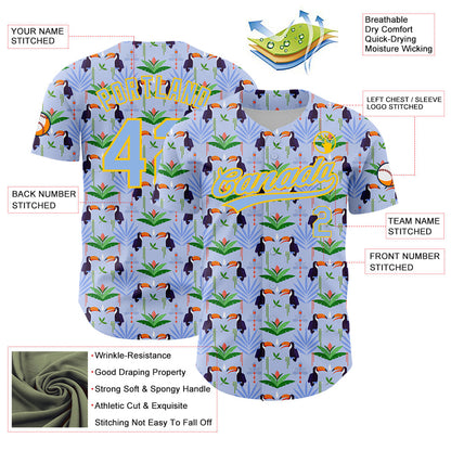 Custom Light Blue Yellow 3D Pattern Design Animal Toucan And Tropical Hawaii Palm Leaves Authentic Baseball Jersey - Sky-Custom