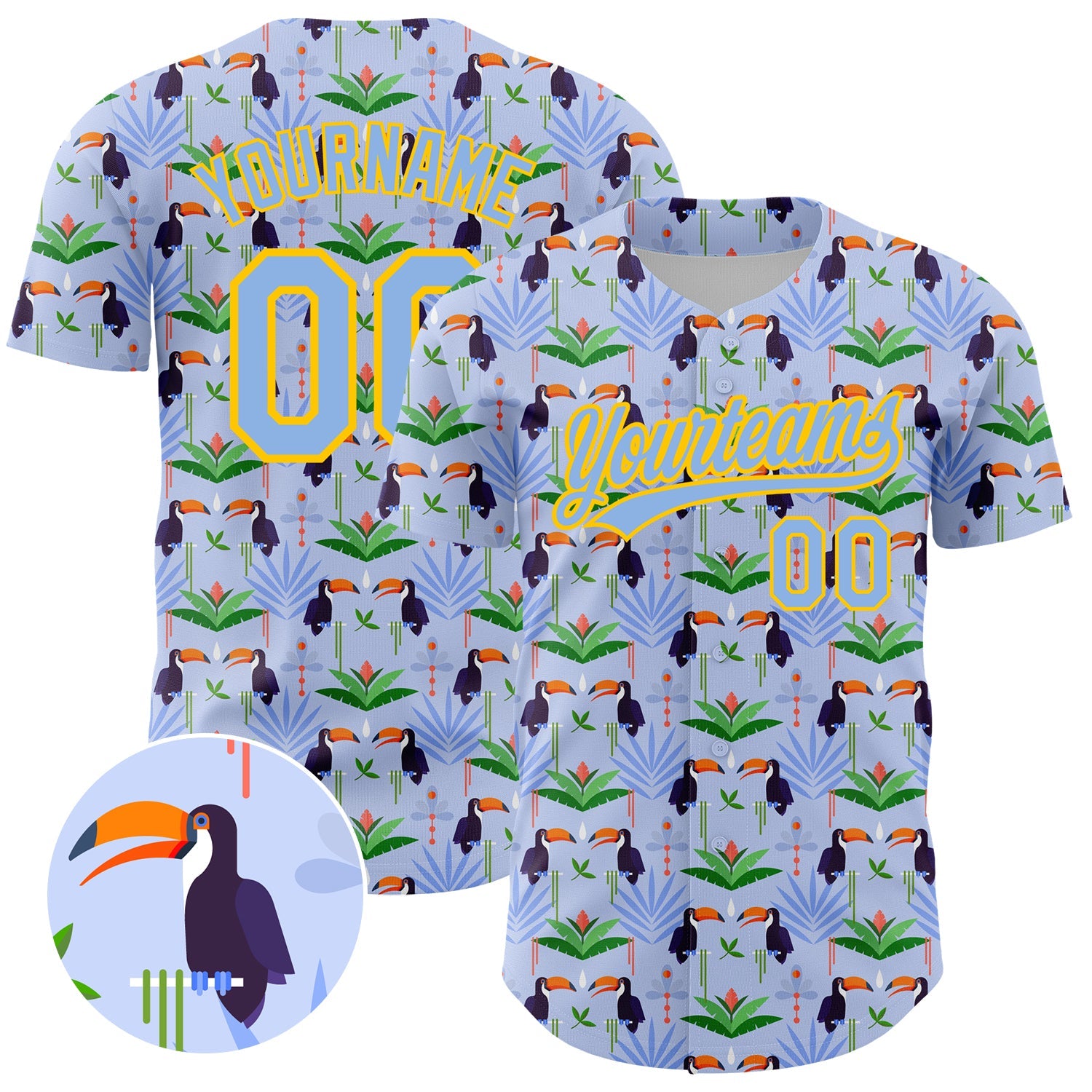 Custom Light Blue Yellow 3D Pattern Design Animal Toucan And Tropical Hawaii Palm Leaves Authentic Baseball Jersey - Sky-Custom