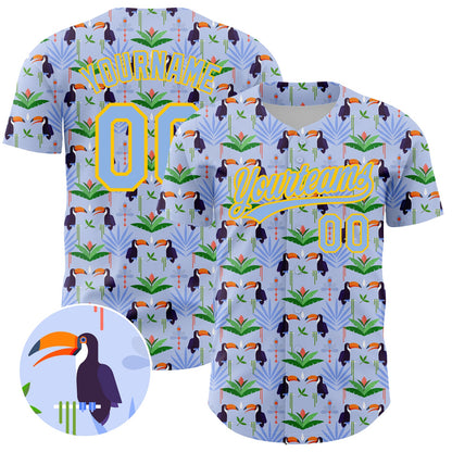 Custom Light Blue Yellow 3D Pattern Design Animal Toucan And Tropical Hawaii Palm Leaves Authentic Baseball Jersey - Sky-Custom