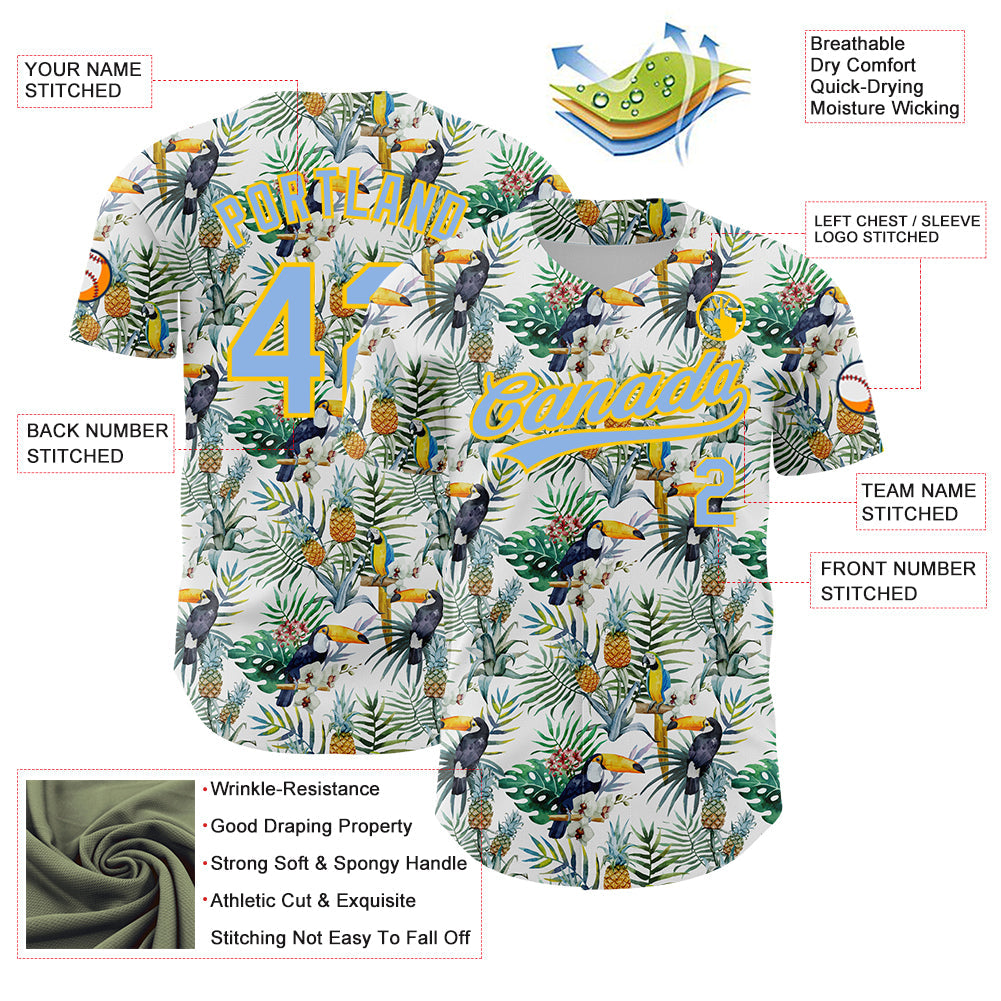 Custom White Light Blue-Yellow 3D Pattern Design Animal Toucan And Tropical Hawaii Palm Leaves Authentic Baseball Jersey - Sky-Custom