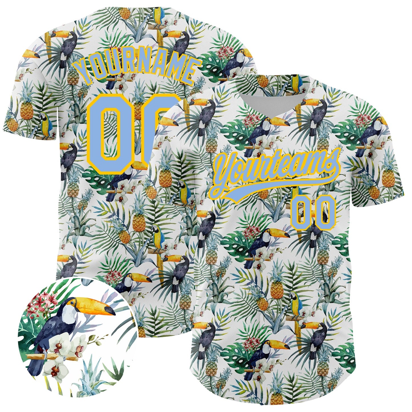 Custom White Light Blue-Yellow 3D Pattern Design Animal Toucan And Tropical Hawaii Palm Leaves Authentic Baseball Jersey - Sky-Custom