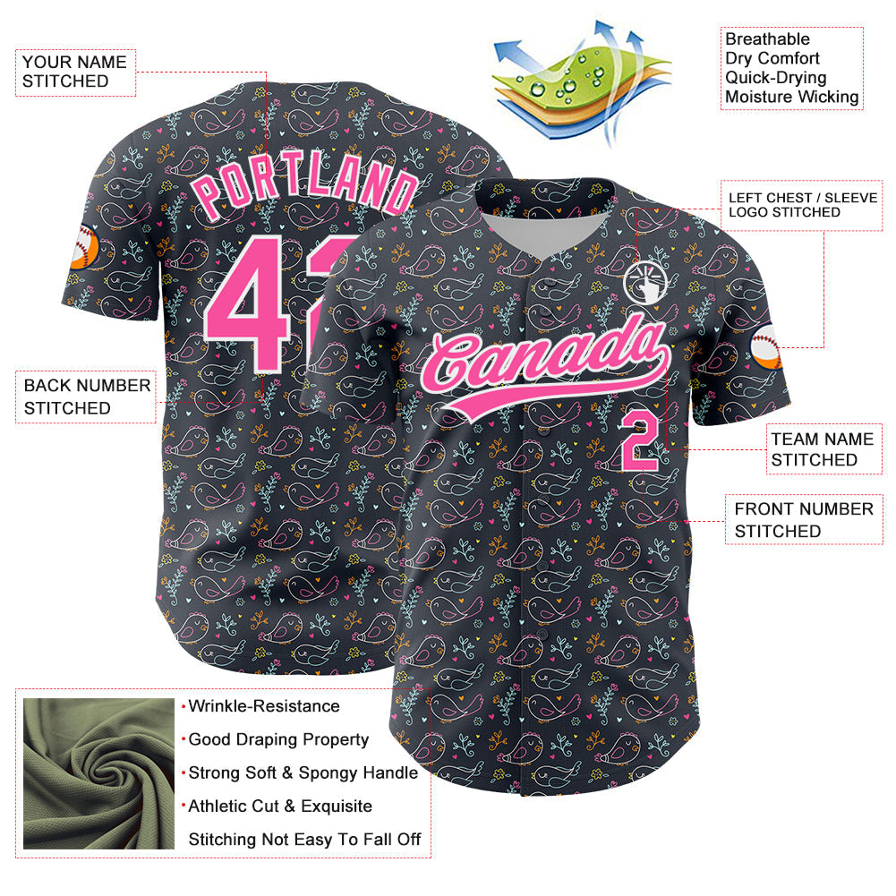 Custom Navy Pink-White 3D Pattern Design Animal Bird Authentic Baseball Jersey - Sky-Custom