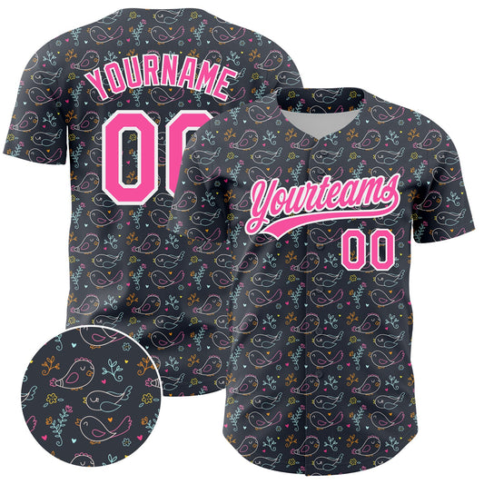Custom Navy Pink-White 3D Pattern Design Animal Bird Authentic Baseball Jersey - Sky-Custom