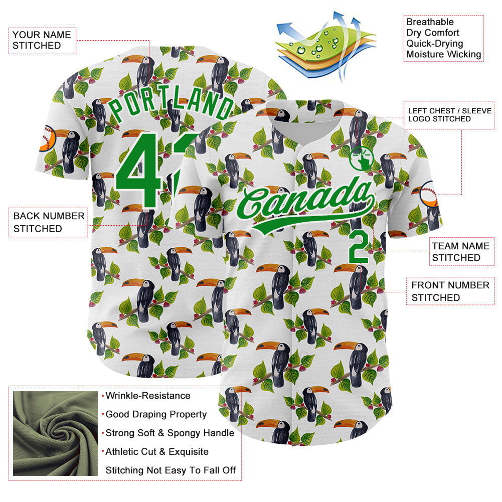 Custom White Grass Green 3D Pattern Design Animal Toucan And Tropical Hawaii Palm Leaves Authentic Baseball Jersey - Sky-Custom