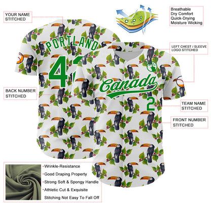 Custom White Grass Green 3D Pattern Design Animal Toucan And Tropical Hawaii Palm Leaves Authentic Baseball Jersey - Sky-Custom