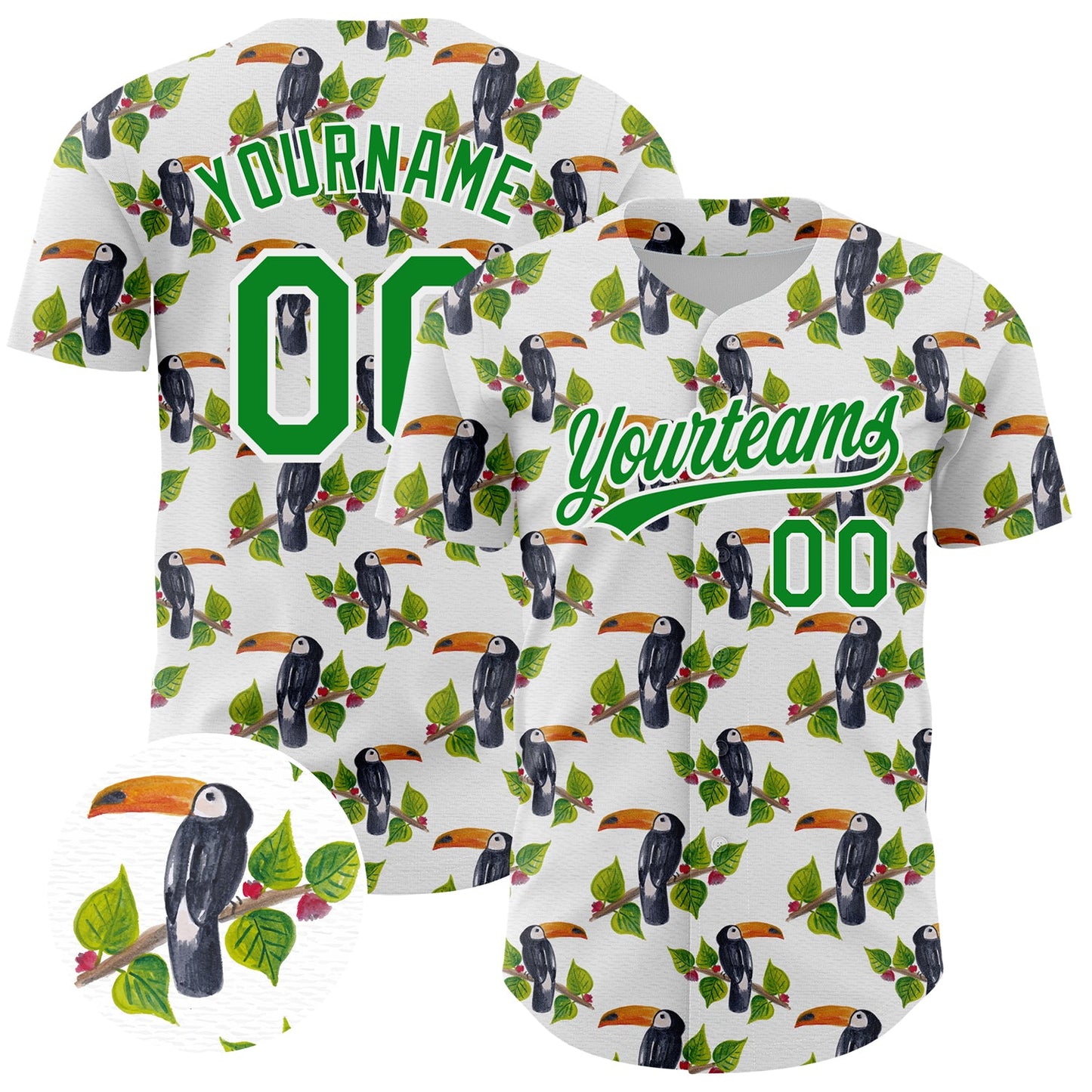 Custom White Grass Green 3D Pattern Design Animal Toucan And Tropical Hawaii Palm Leaves Authentic Baseball Jersey - Sky-Custom