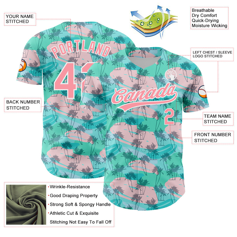 Custom Green Medium Pink-White 3D Pattern Design Tropical Hawaii Palm Trees Authentic Baseball Jersey - Sky-Custom