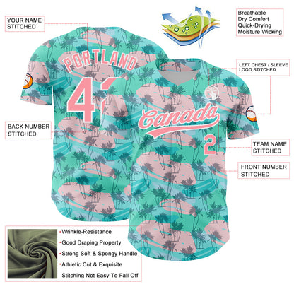 Custom Green Medium Pink-White 3D Pattern Design Tropical Hawaii Palm Trees Authentic Baseball Jersey - Sky-Custom
