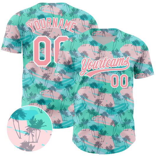 Custom Green Medium Pink-White 3D Pattern Design Tropical Hawaii Palm Trees Authentic Baseball Jersey - Sky-Custom