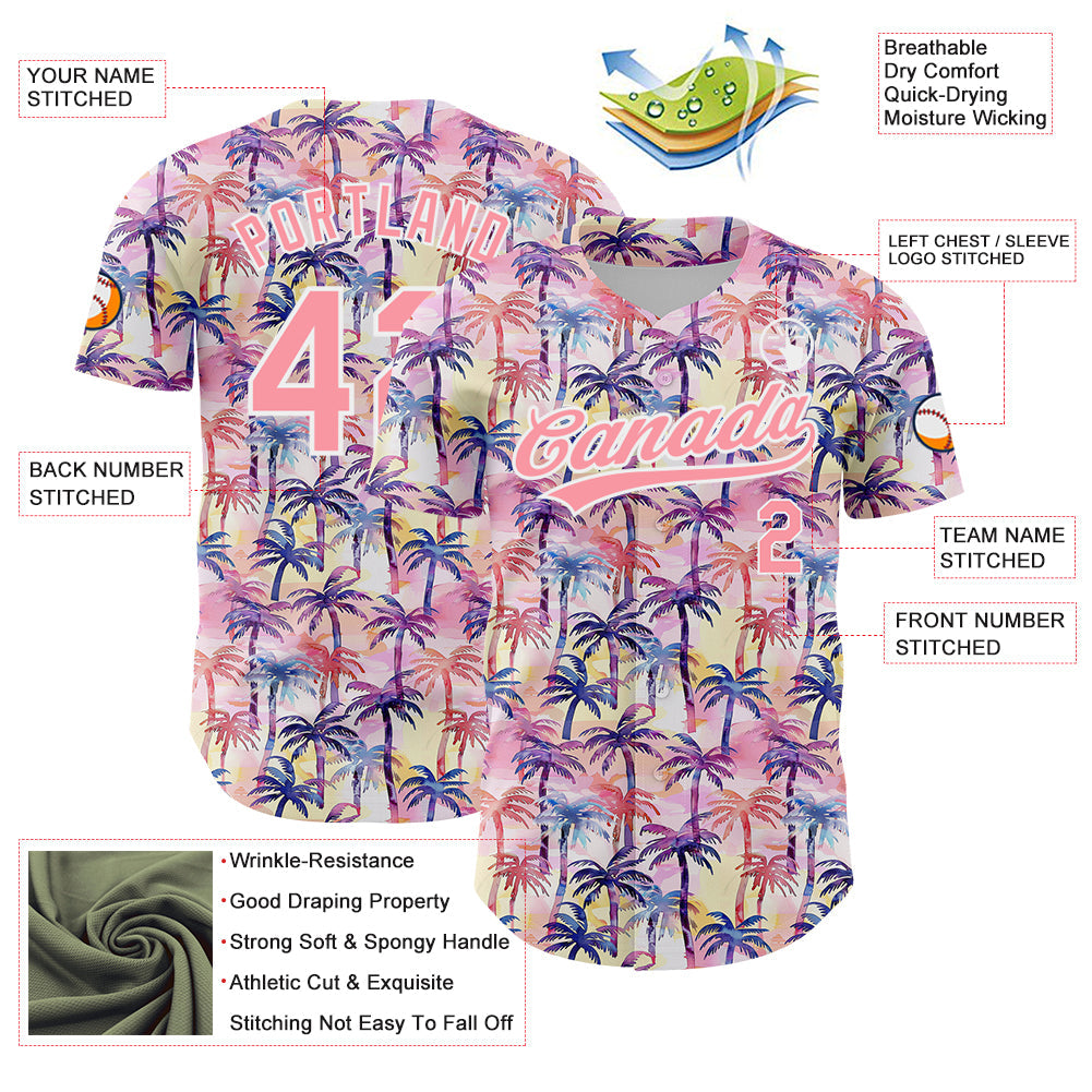 Custom Medium Pink White 3D Pattern Design Tropical Hawaii Palm Trees Authentic Baseball Jersey - Sky-Custom