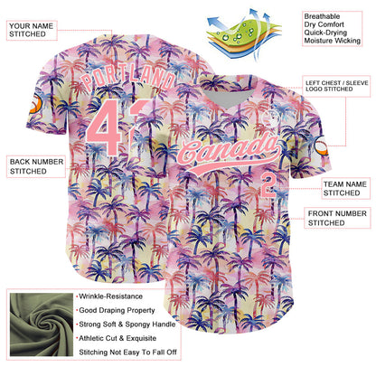 Custom Medium Pink White 3D Pattern Design Tropical Hawaii Palm Trees Authentic Baseball Jersey - Sky-Custom